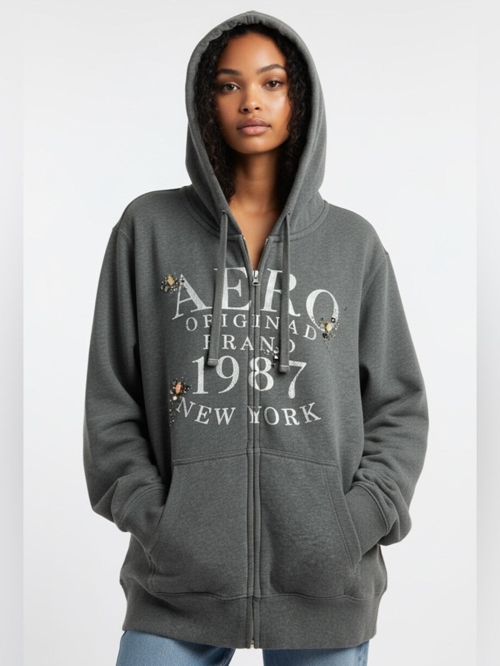 Aeropostale Charcoal Gray Zip-Up Hoodie with Embellished Logo cotton xl